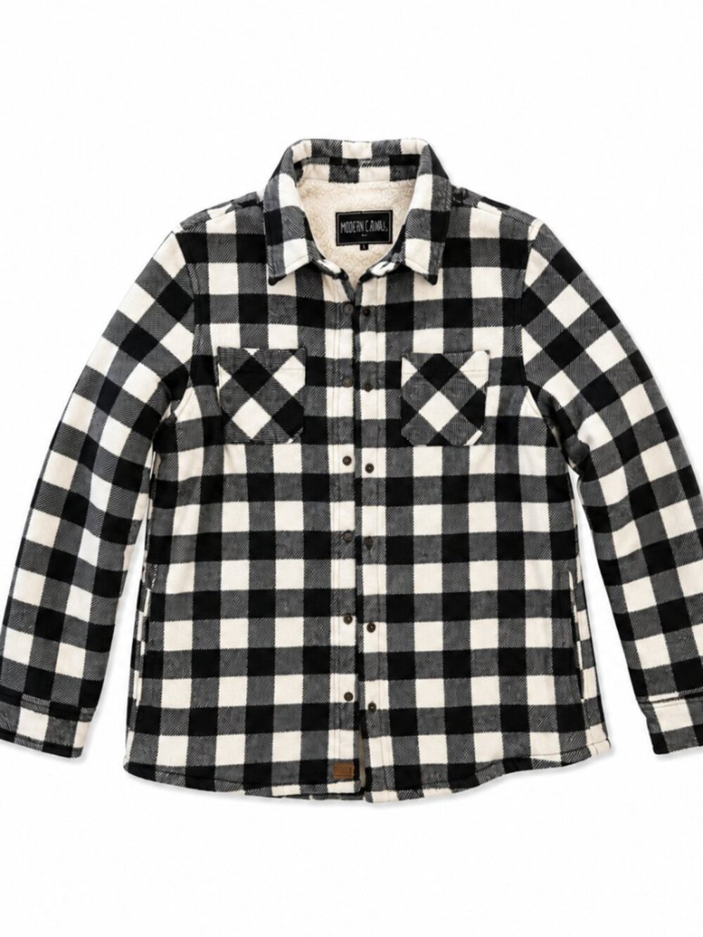 Modern Canvas Sherpa Lined Buffalo Plaid Shacket Jacket Black White Gray Size L